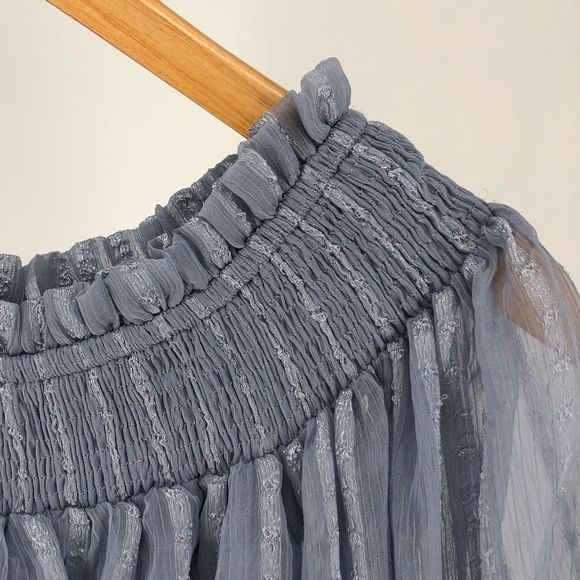 ASOS Maternity Off Shoulder Blue Stripe Mini Dress with Sheer Blouson Sleeve - Picture 7 of 14